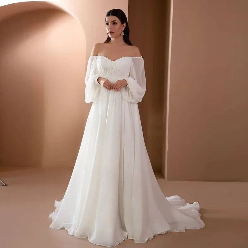 Elegant Puff Sleeve White Maxi Dresses Women Evening Party Outfit 2024 Autumn Off Shoulder Strapless Backless Floor-Length Dress