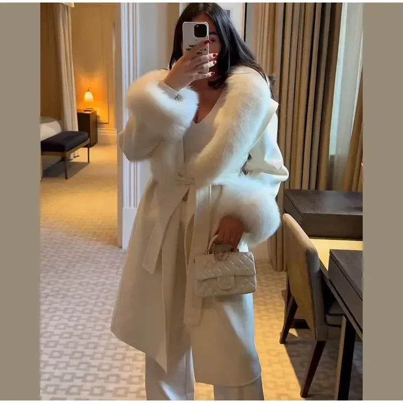 Retro Black Fur Patchwork Woolen Coat Women Chic Full Sleeve V-neck Lace Up Loose Long Overcoat 2025 Lady Winter Commute Outwear