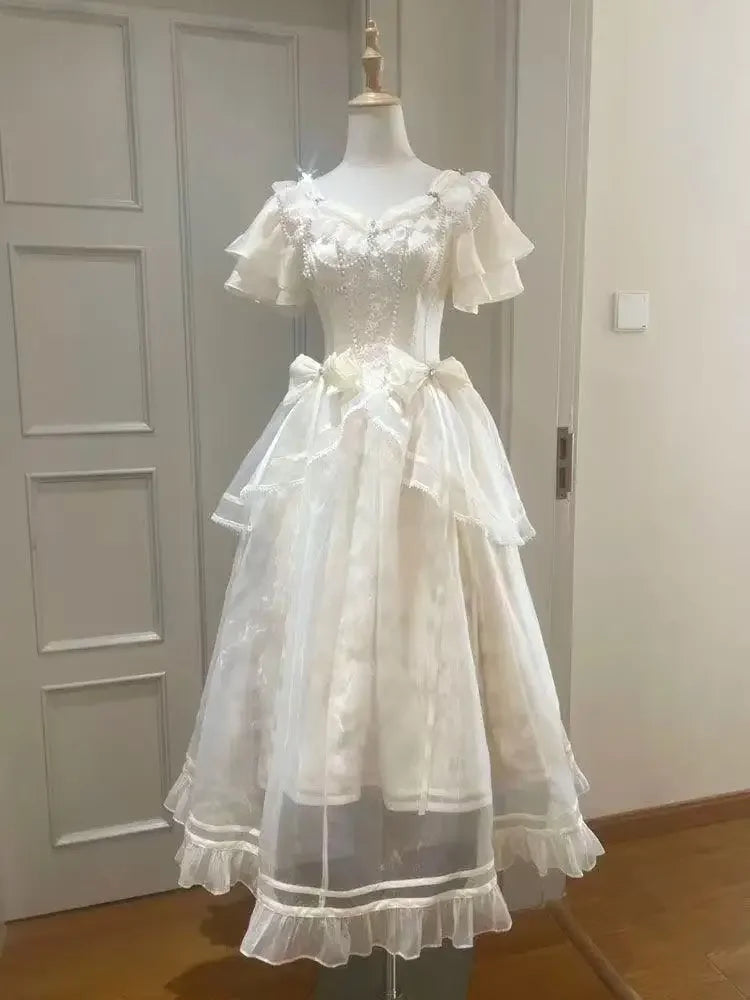 Forest Style Sweet Vintage Bow Design Dress Women Slim Fit A-Line Long Dress French Elegant Fairy Princess Prom Clothing 2025