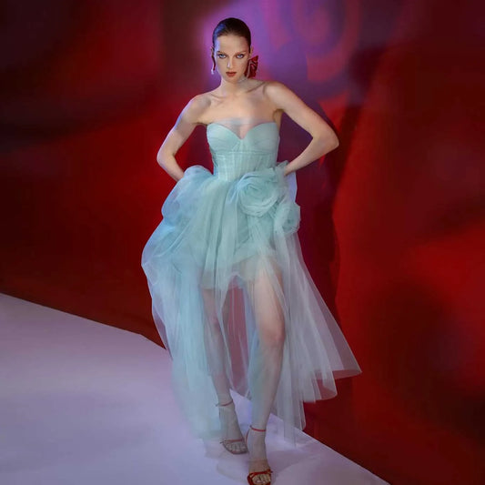 Fairy Mint Tulle Dress 2026 Spring Handmade Flowers Long Prom Party Dresses Draped Chic Women Formal Occasion Dress Event Gown