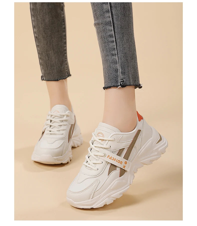 Casual Leather Sneakers for Women Autumn Winter Comfortable Walking Shoes Fashion Patchwork Thick Bottom Sports Shoes Female