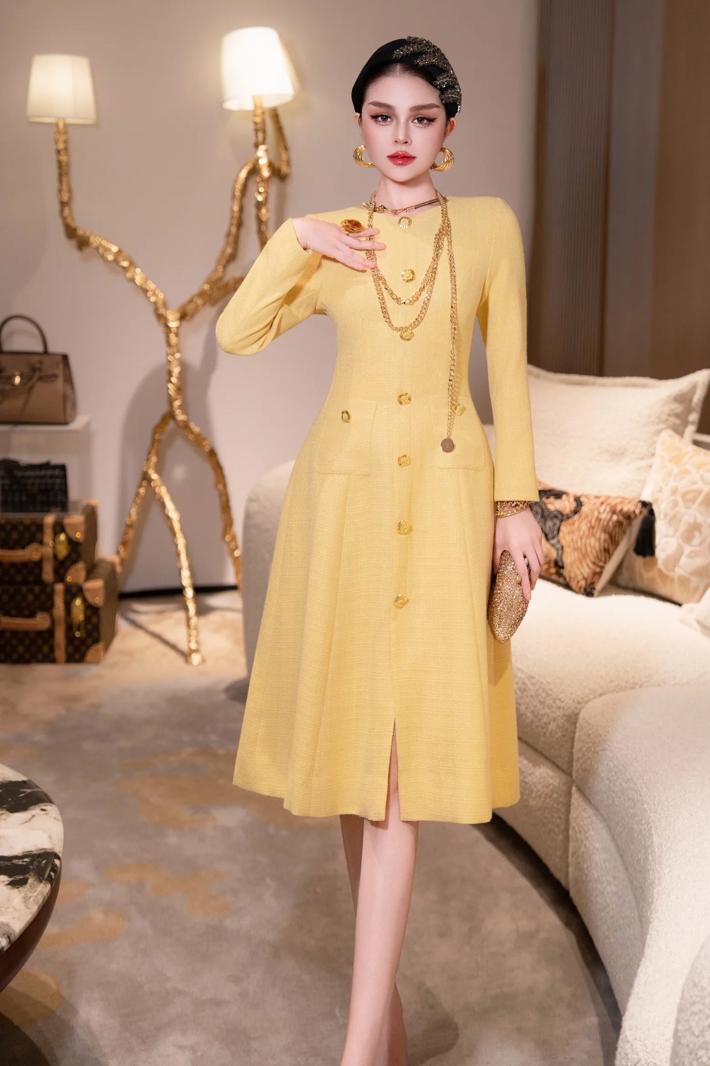 ZJYT New Arrivals Autumn Dresses for Women 2025 Elegant Designer Long Sleeve Single Breasted Party Yellow Dress with Belt