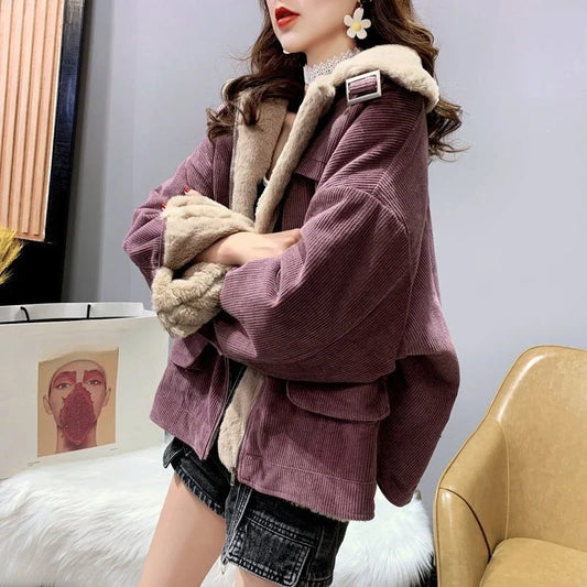 Women's Autumn Winter Casual Parkas Versatile Loose Short Thickened Warm Corduroy Cotton Clothes Trend Lamb Wool Tooling Jacket