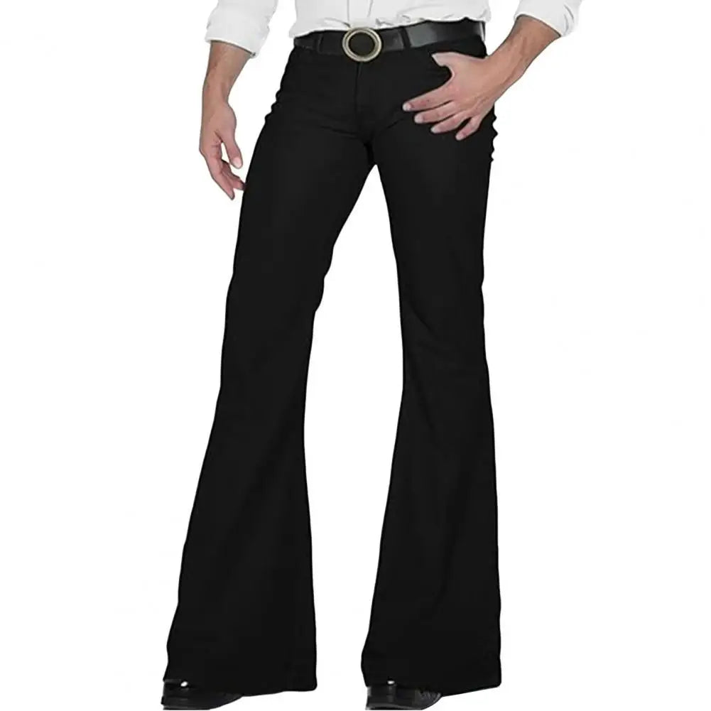 Fashion Men's Retro Flare Pants Solid Color Mid-Rise Trousers Casual Classic 70s Men Bell Bottom Zipper Fly Long Trousers