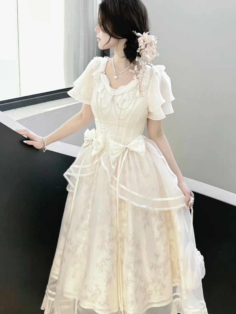 Forest Style Sweet Vintage Bow Design Dress Women Slim Fit A-Line Long Dress French Elegant Fairy Princess Prom Clothing 2025