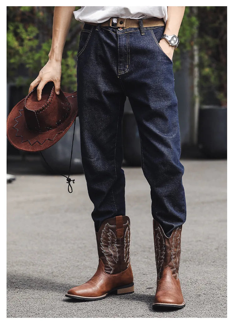 Vintage Embroidery Men's Cowboy Boots High Top Motorcycle Boots Men Shoes Fashion Square Toe Warm Boots