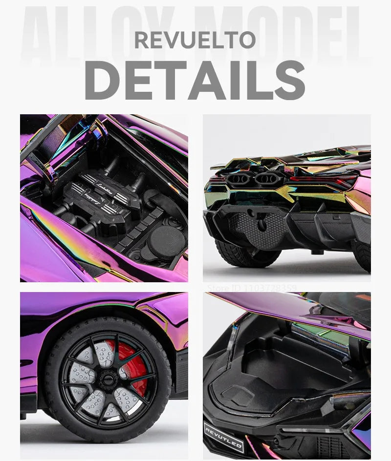 1:24 Scale REVUELTO Miniature Model Toy Sports Cars Alloy Diecast Supercars Sound Light Doors Opened Pull Back for Kids Gifts