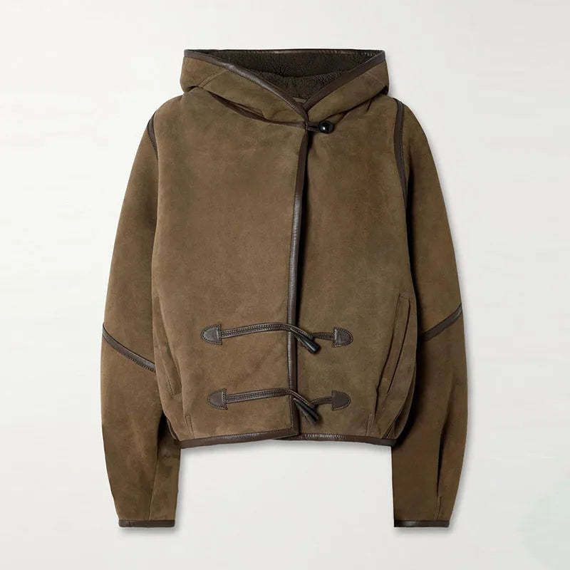 Hooded Patchwork Leather Jacket Woman Solid Color Long Sleeves Loose Single Breasted Coat Casual Street Women's New Warm Jackets