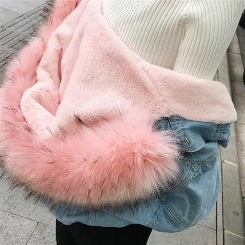 Winter Denim Jacket Hooded Coat Women Removable Fur Collar Fleece Lined Jeans Jacket Warm