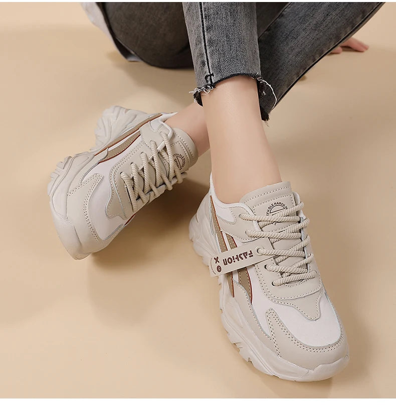 Casual Leather Sneakers for Women Autumn Winter Comfortable Walking Shoes Fashion Patchwork Thick Bottom Sports Shoes Female
