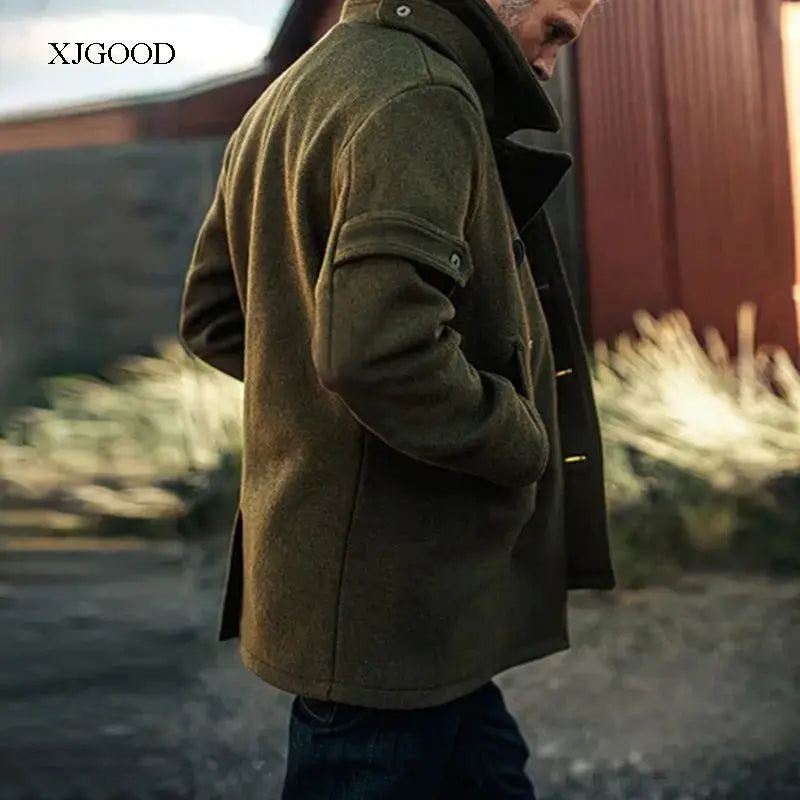 Men's Pure Color Woolen Coat with Buttoned Collar ort Sve V-Ne Outerwear for Young Men in Autumn Season
