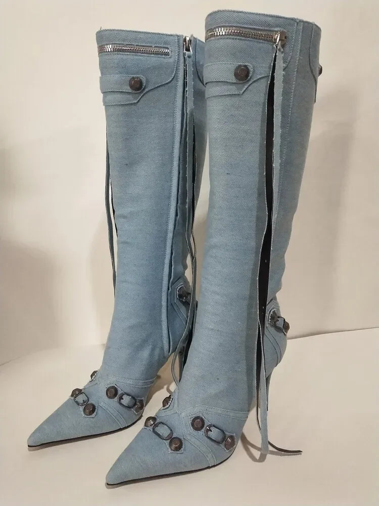New 2024 Brand Design Knee High Boots Fashion Rivet Pointed Thin Heel Women's Boots 34-43 Fashion Hot Girls Denim Model Boots