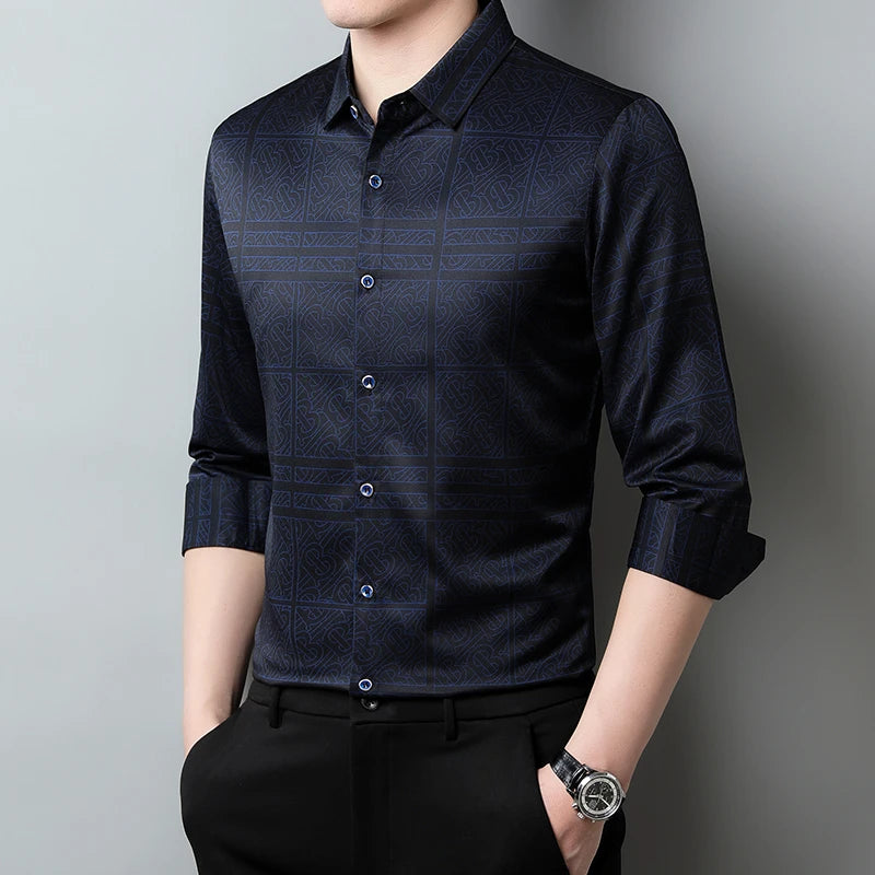 New Men's Casual Printed Long Sleeved Lapel Shirt for Spring and Autumn Fashion Comfortable Wrinkle Free Top Without Ironing