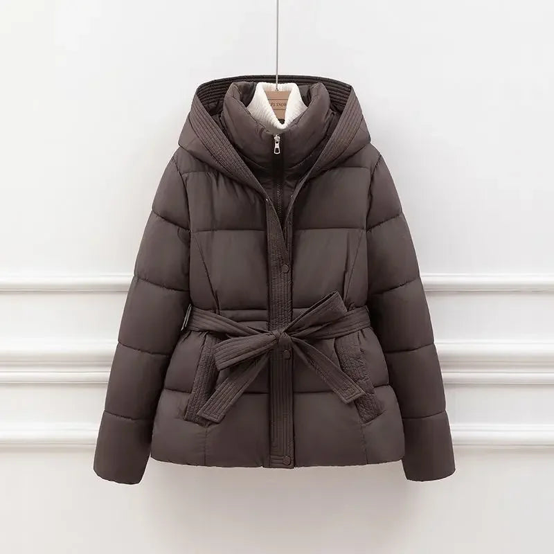 2025 New Winter Jacket Women Warm Parkas Long Sleeve Tops Casual Cotton Padded Jackets Belt Black Brown Hooded Outerwear Female
