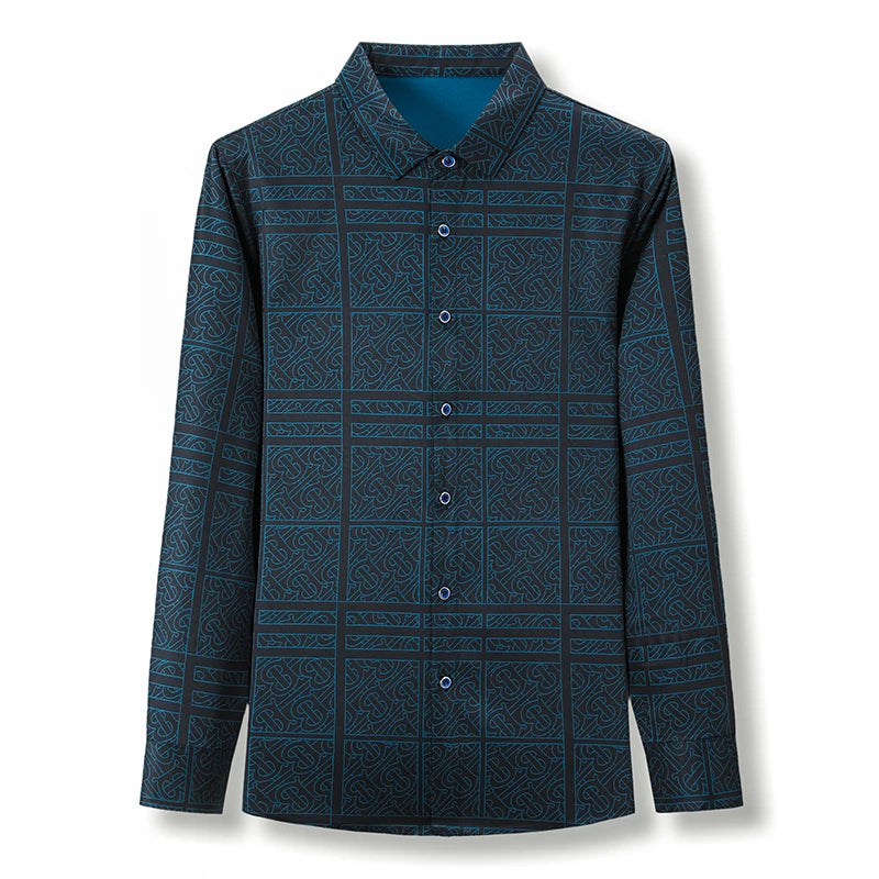 New Men's Casual Printed Long Sleeved Lapel Shirt for Spring and Autumn Fashion Comfortable Wrinkle Free Top Without Ironing