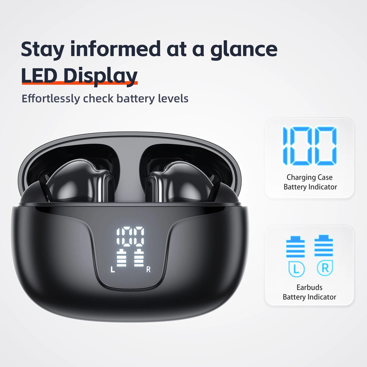 QERE-E60 Wireless Headphones, TWS Bluetooth 5.3,HD Microphone,HIFI Earphones,13mm Driver,Touch control,With displ, ANC Call, New
