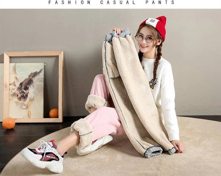 Women's Fleece Lined Joggers Winter Plush Pants High Waist Adjustable Drawstring Lounge Street Comfortable Casual Trousers
