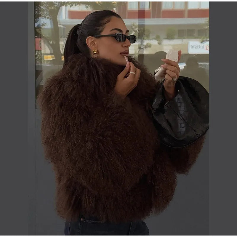Fashion Solid Plush Faux Fur Coat Women Elegant Warm Long Sleeves Loose Jacket 2025 Lady Winter Chic High Street Outerwear ﻿