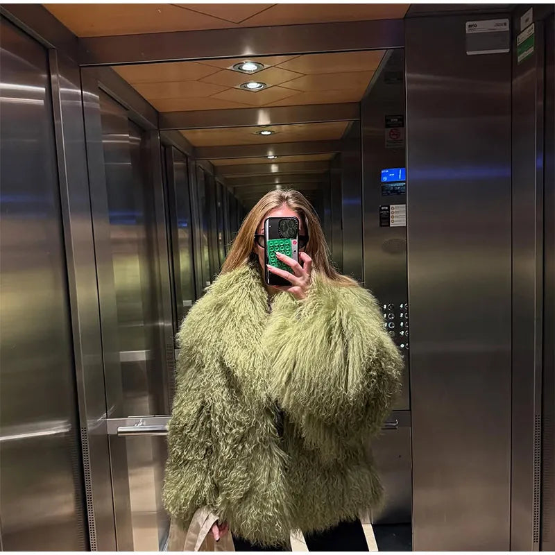 Fashion Solid Plush Faux Fur Coat Women Elegant Warm Long Sleeves Loose Jacket 2025 Lady Winter Chic High Street Outerwear ﻿