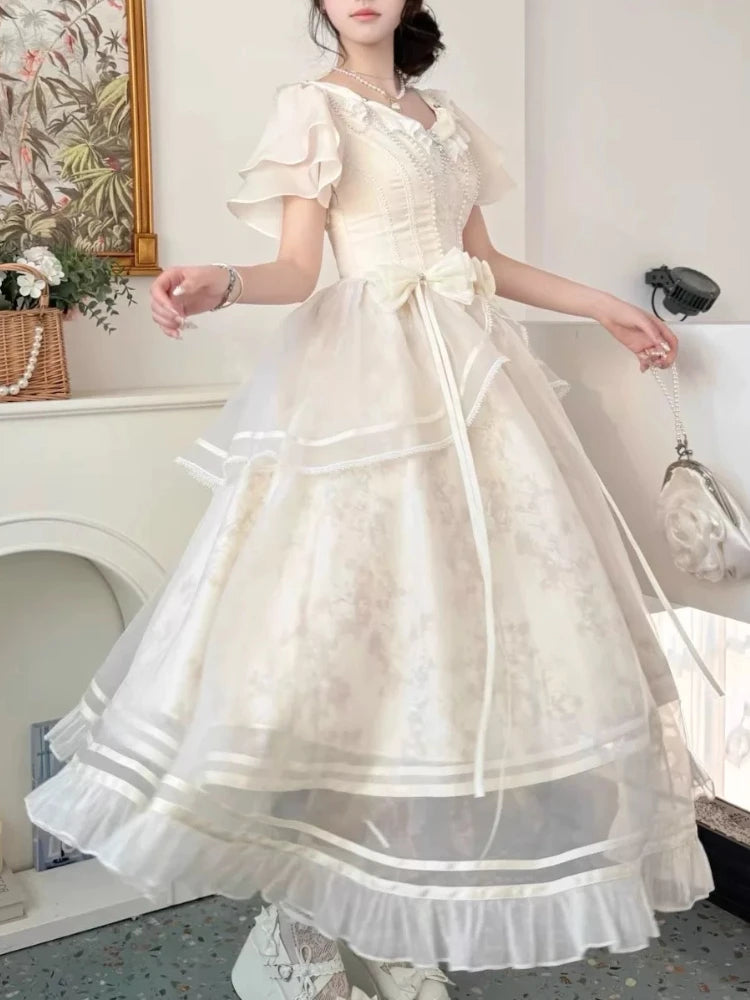 Forest Style Sweet Vintage Bow Design Dress Women Slim Fit A-Line Long Dress French Elegant Fairy Princess Prom Clothing 2025