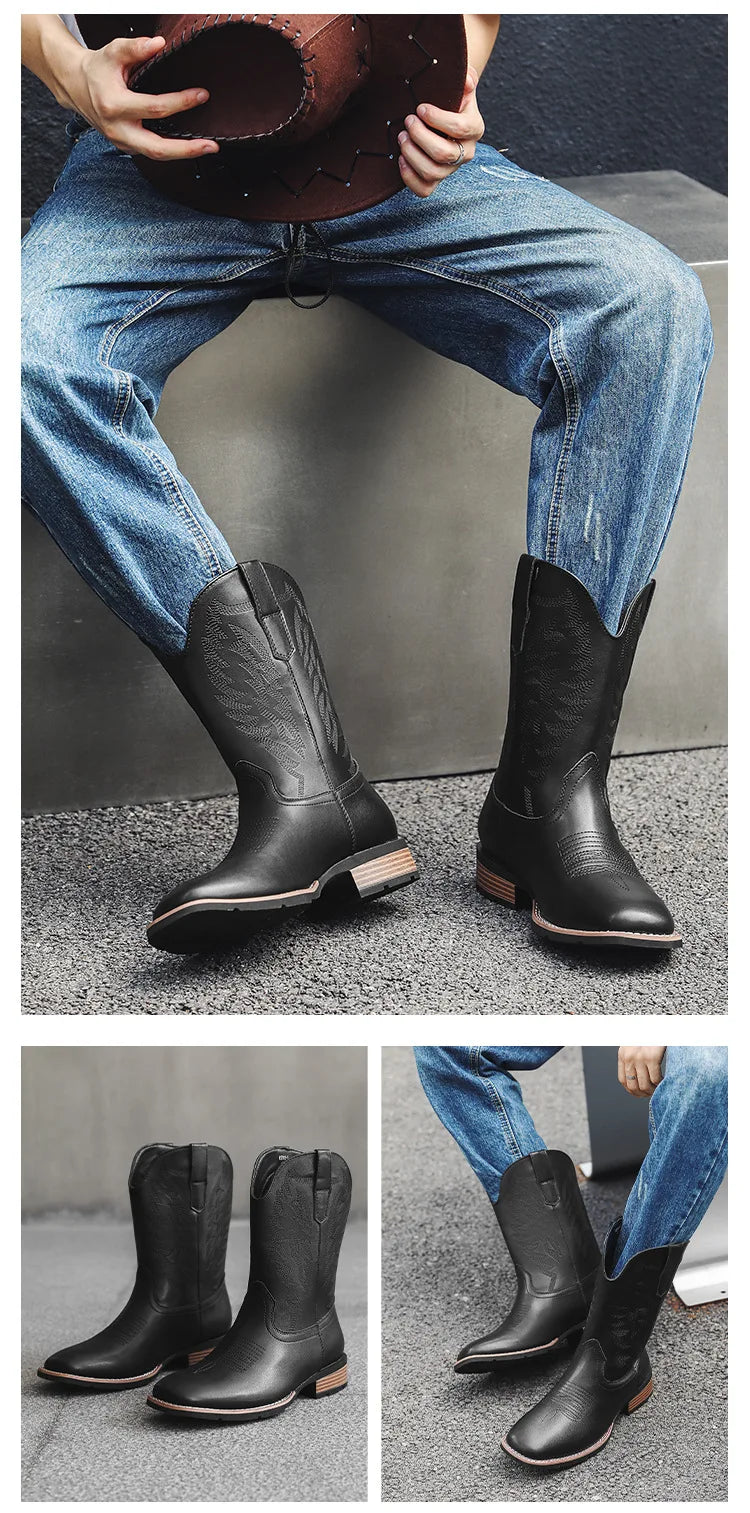 Vintage Embroidery Men's Cowboy Boots High Top Motorcycle Boots Men Shoes Fashion Square Toe Warm Boots