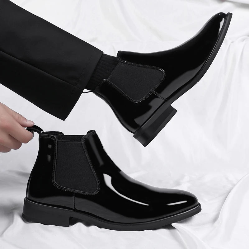 Height Increase Men's Shiny Leather Boots Pointed Formal Elevator Shoes Office Business Snow Boots Chelsea Winter Cotton Boots
