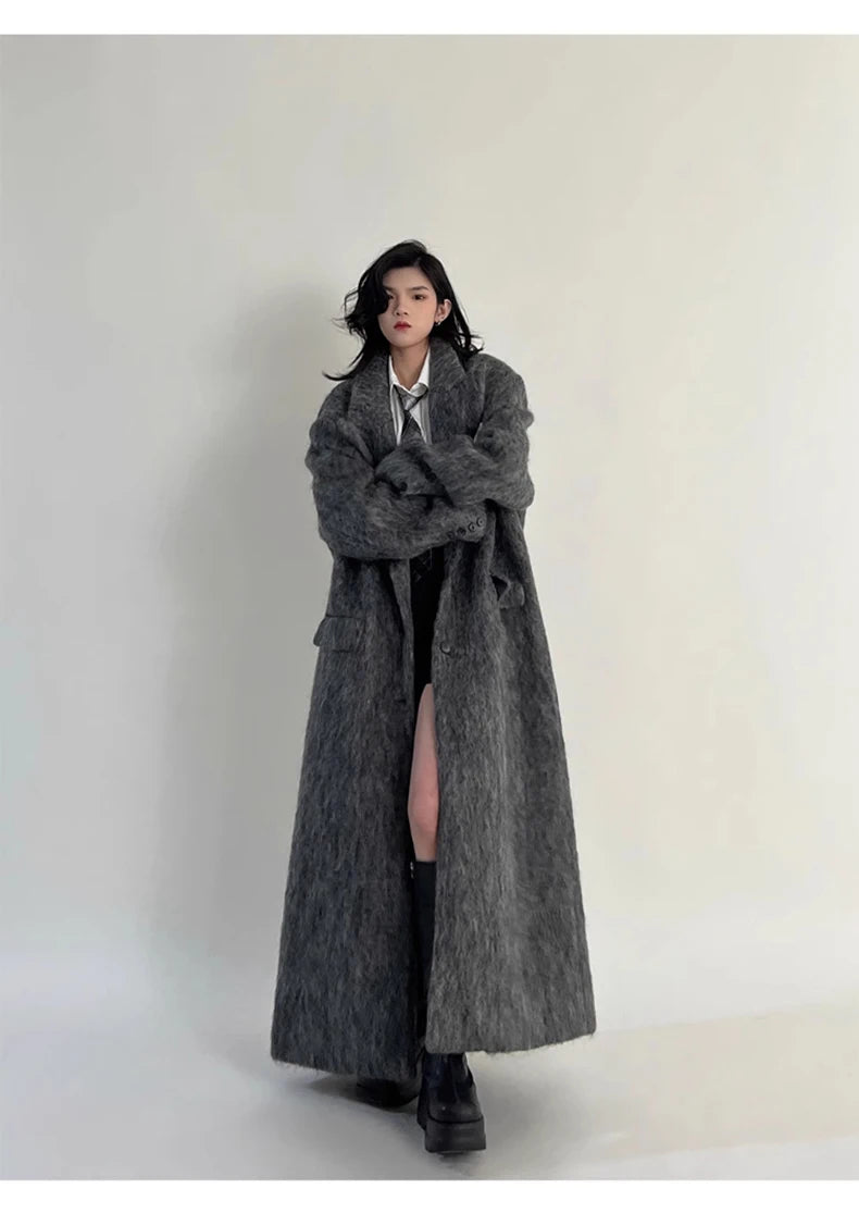 Lautaro Autumn Winter Clothes Women Oversized Extra Long Casual Warm Grey Wool & Blends Coat Women Maxi Fluffy Woolen Overcoat