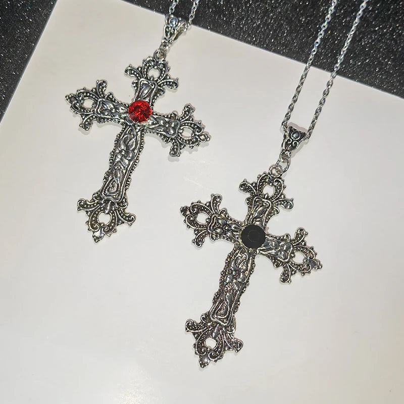 Gothic Big Zircon Cross Necklace Unisex Y2K Irregular Goth Large Cross Pendant Necklaces  for Men Women Couple Necklace Jewelry