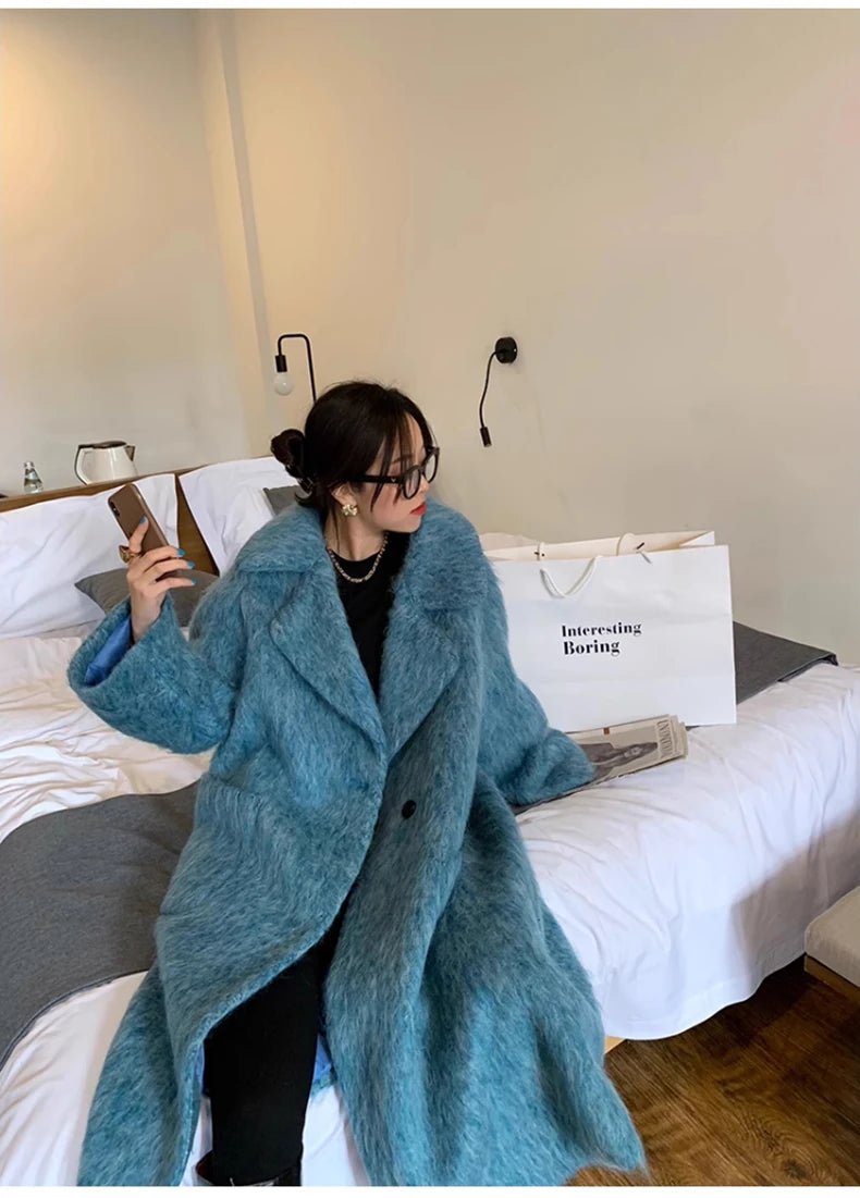 Lautaro Winter Long Blue Fluffy Oversized Warm Wool & blends Coat for Women Single Button Pockets Luxury Clothes Woolen Overcoat