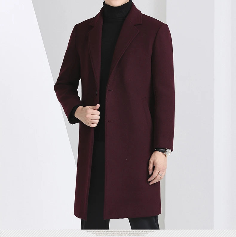 Winter Autumn Men's Timeless Woolen Overcoat Grey Navy Black Burgundy Notched Collar Design Cashmere Coat Plus Size Menswear