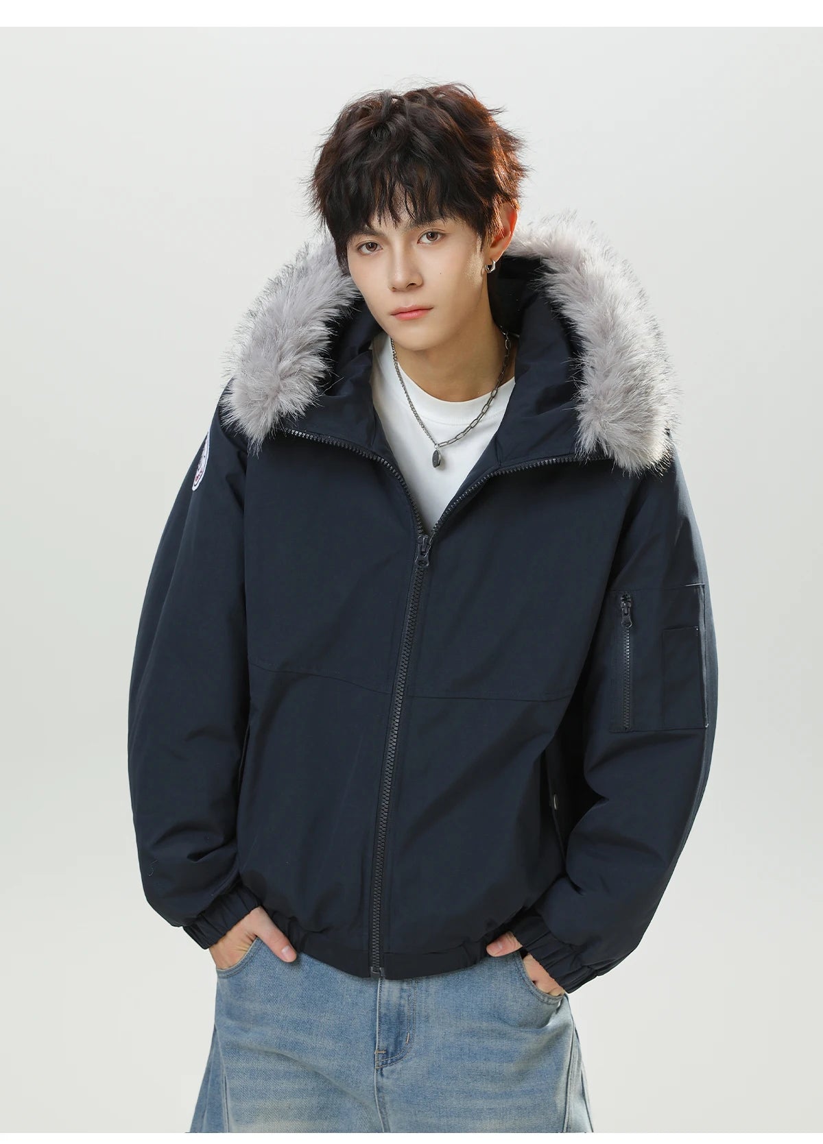 HANGRY 2025 Men's Detachable Fur Hood Parka Short Box Quilted Jacket Water-Resistant Workwear Winter Coat Thermal Insulated