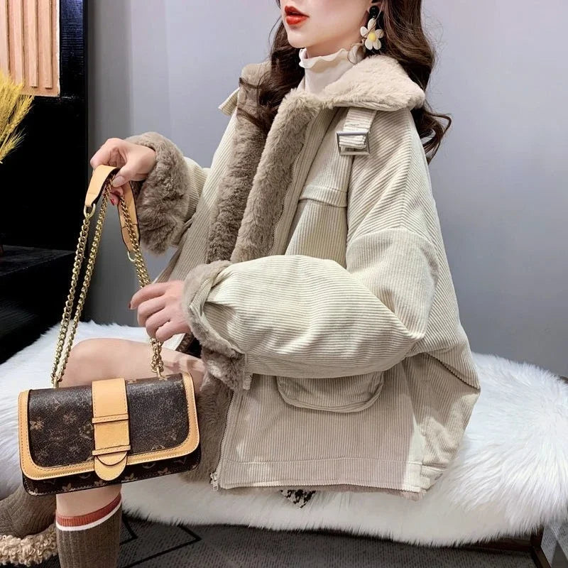 Women's Autumn Winter Casual Parkas Versatile Loose Short Thickened Warm Corduroy Cotton Clothes Trend Lamb Wool Tooling Jacket