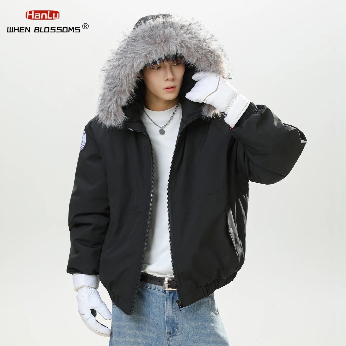 HANGRY 2025 Men's Detachable Fur Hood Parka Short Box Quilted Jacket Water-Resistant Workwear Winter Coat Thermal Insulated