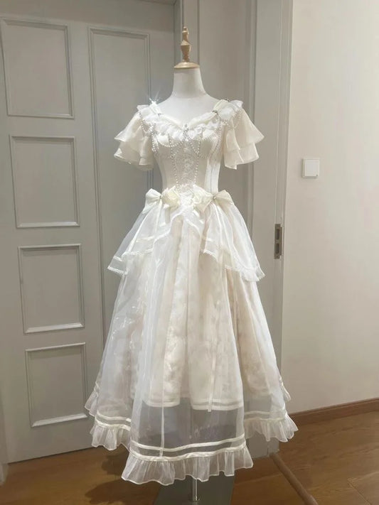 Forest Style Sweet Vintage Bow Design Dress Women Slim Fit A-Line Long Dress French Elegant Fairy Princess Prom Clothing 2025