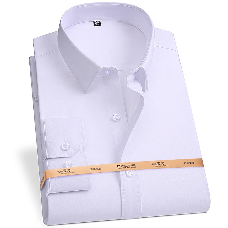 8XL Superfine Denier Bamboo Fiber Micro Elastic Formal Shirts for Men Plus Large Size Casual Slim Fit Long Sleeve Shirts for Men