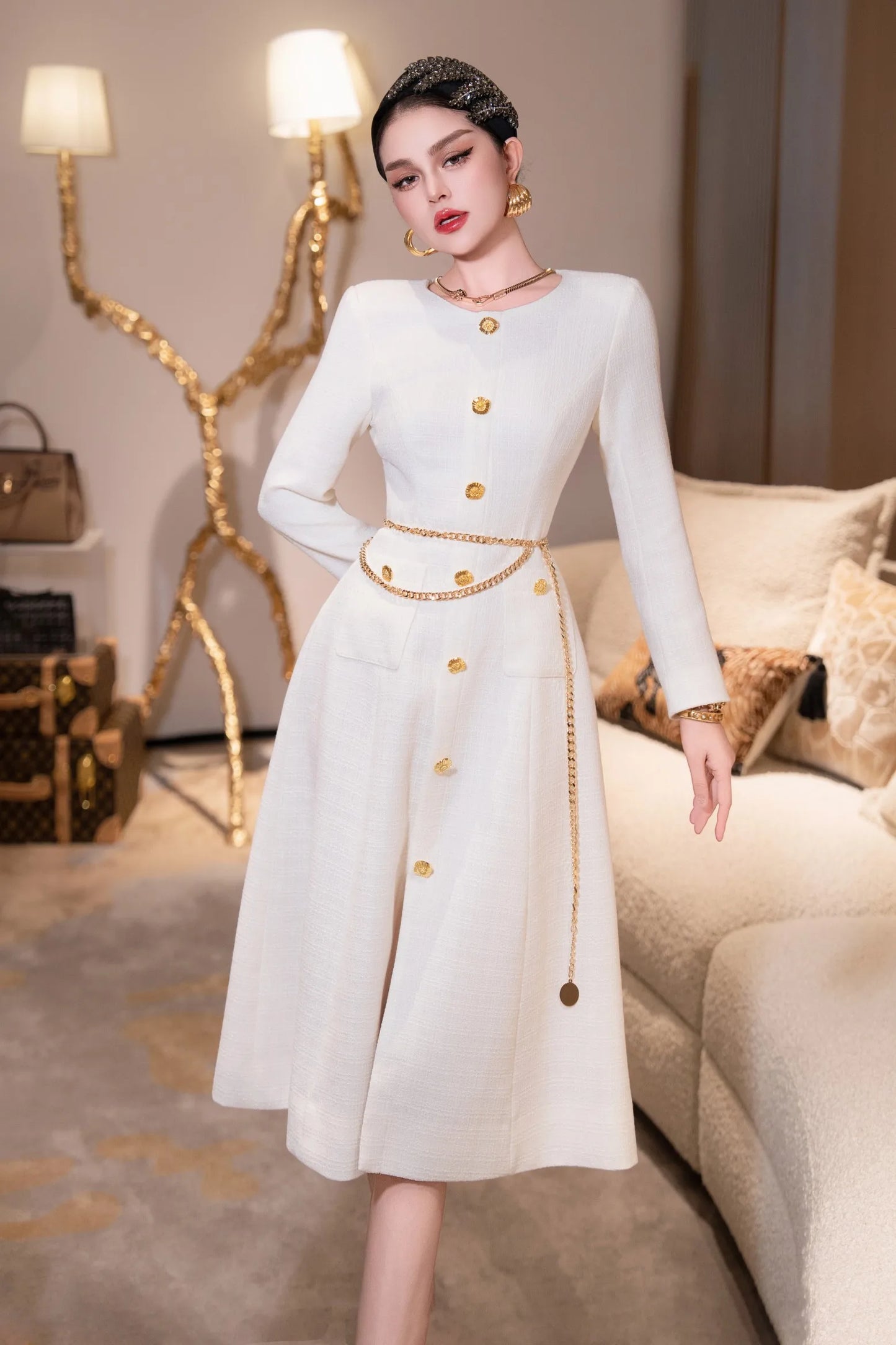 ZJYT New Arrivals Autumn Dresses for Women 2025 Elegant Designer Long Sleeve Single Breasted Party Yellow Dress with Belt