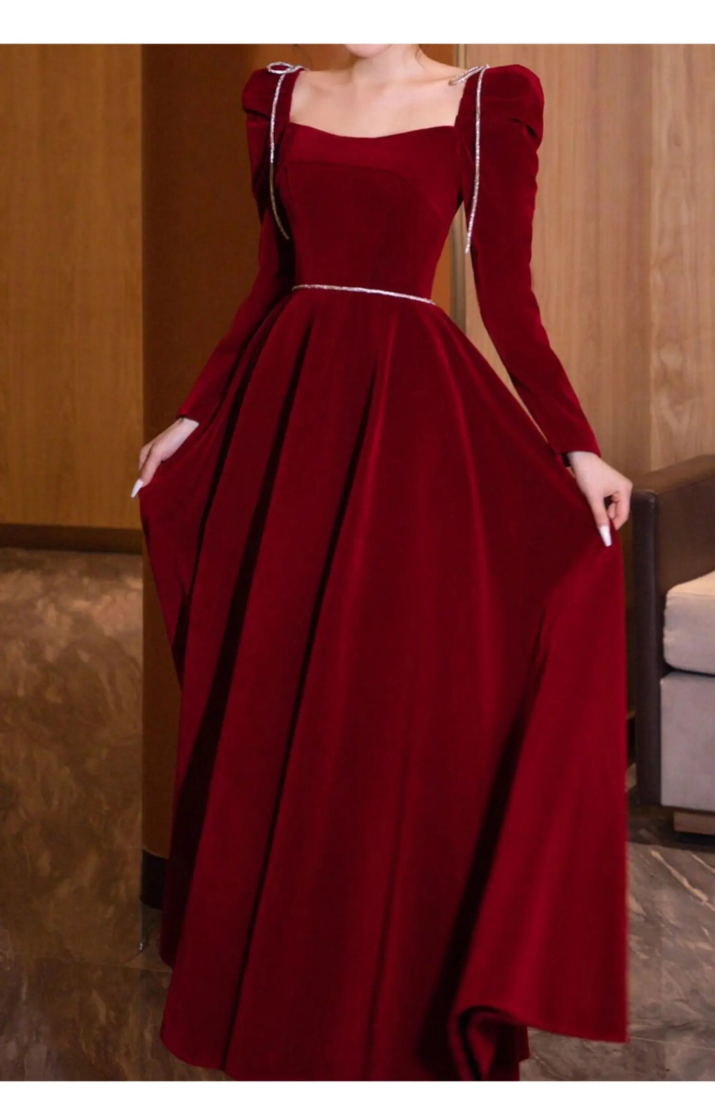 Mauroicardi Long Birthday Party Evening Soft Velvet Maxi Dresses for Women Puff Sleeve Square Neck Luxury Elegant Chic Clothing