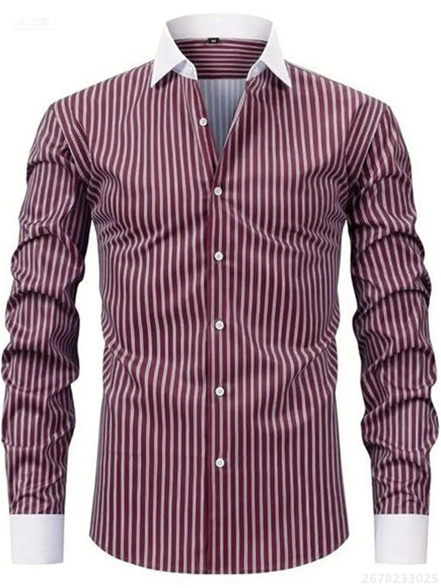 Men's shirts, long-sleeved lapel business formal button-down shirts, men's striped shirts, high-quality men's tops XS-6XL