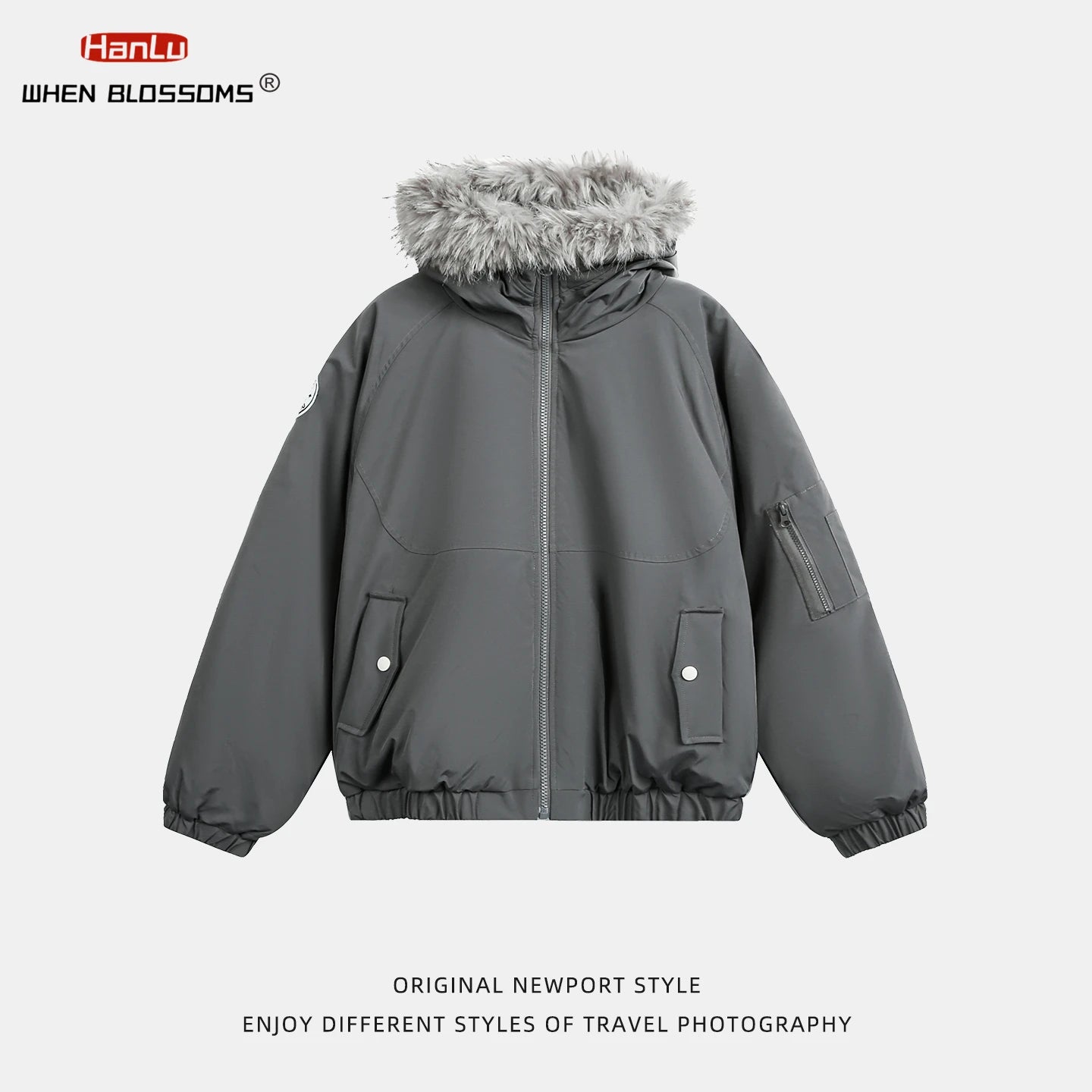 HANGRY 2025 Men's Detachable Fur Hood Parka Short Box Quilted Jacket Water-Resistant Workwear Winter Coat Thermal Insulated