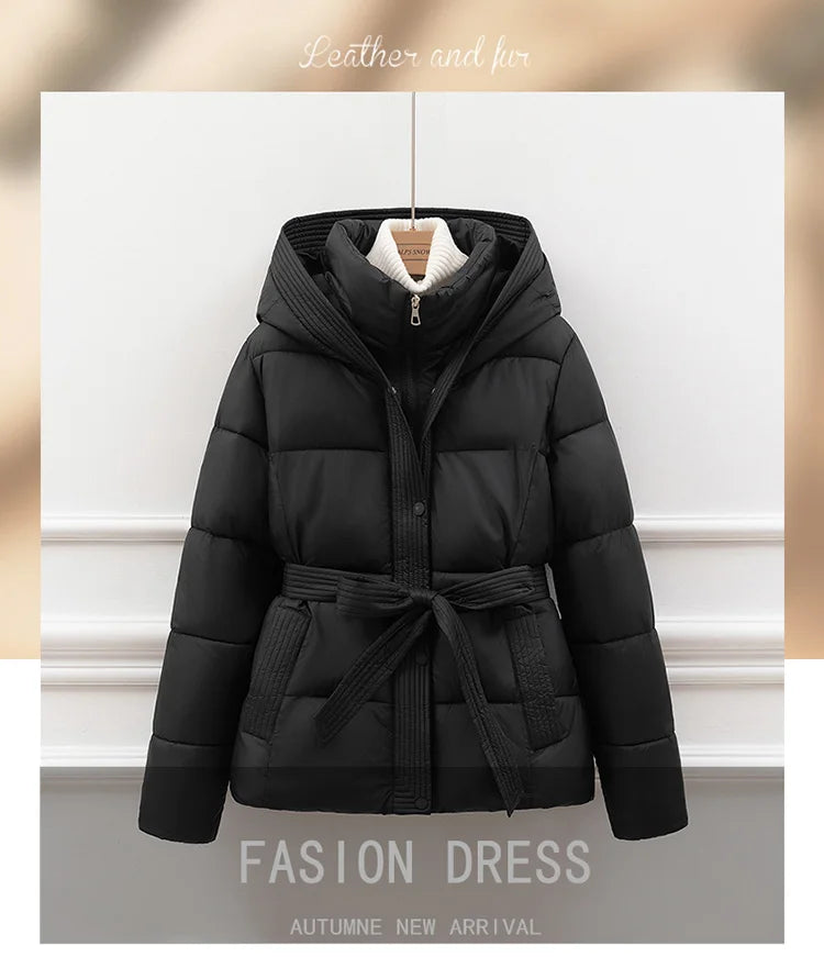 ort Padded Cotton Jaet Women Thiened Winter Coat with Hoodie Slimming Design Waist-Cinching Trendy Outerwear