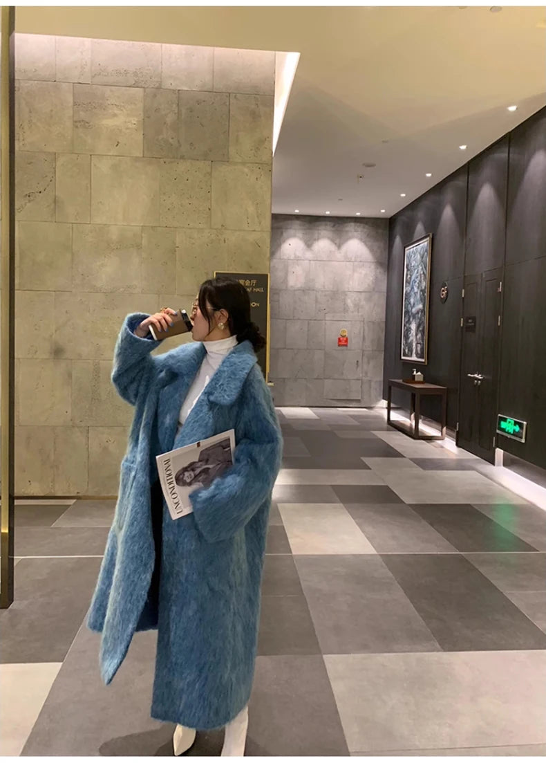 Lautaro Winter Long Blue Fluffy Oversized Warm Wool & blends Coat for Women Single Button Pockets Luxury Clothes Woolen Overcoat