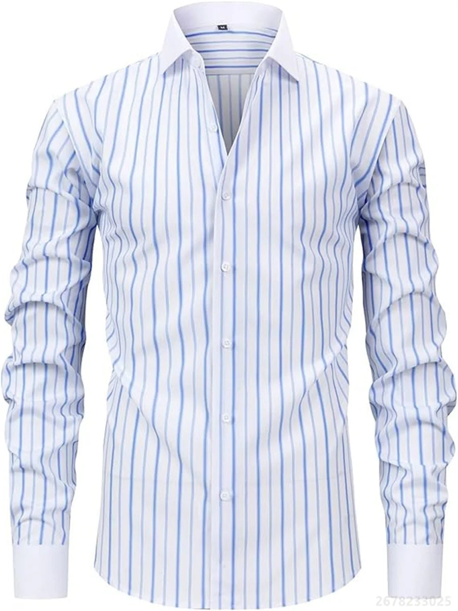 Men's shirts, long-sleeved lapel business formal button-down shirts, men's striped shirts, high-quality men's tops XS-6XL