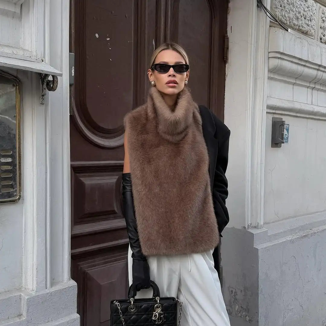 Woman Mixed Color Long Faux Fur Coat Fashion Lapel Collar Full Sleeve Loose Overcoat 2025 Winter Lady Warm High Street Outwear
