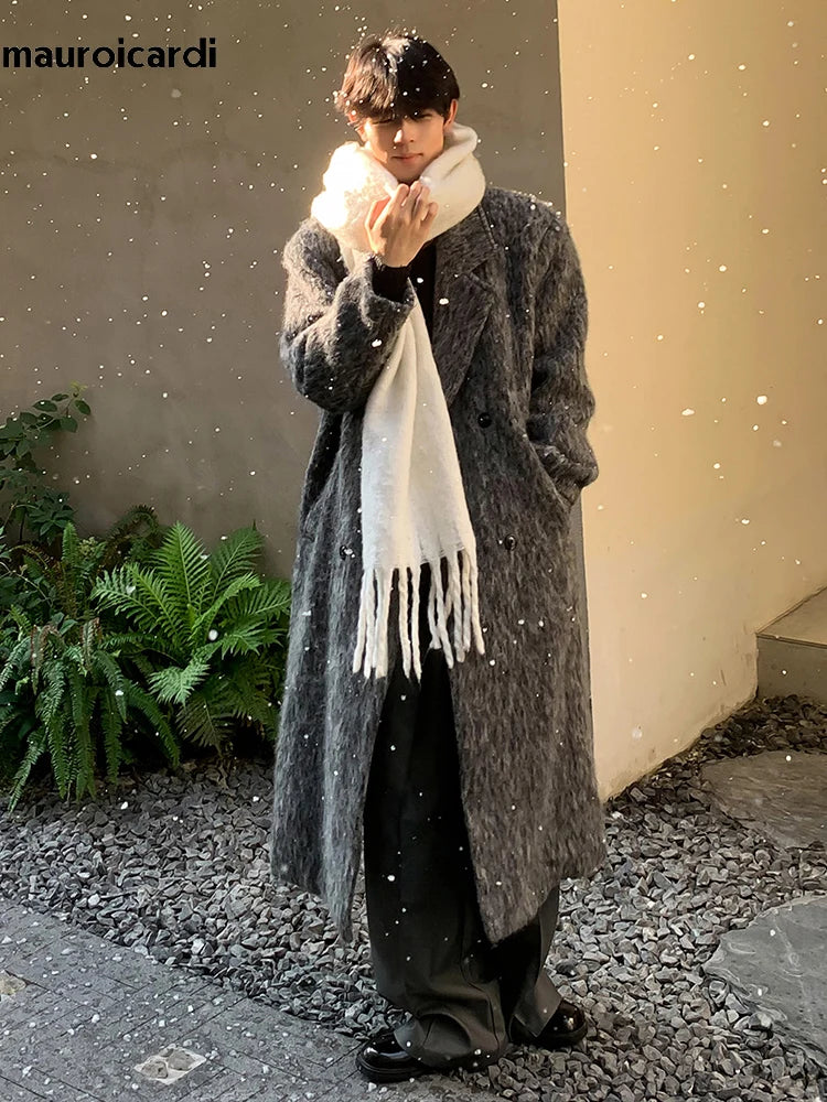 Mauroicardi Autumn Winter Oversized Long Thicken Warm Grey Woolen Coat Men Shoulder Pads Double Breasted Wool & Blends Overcoat