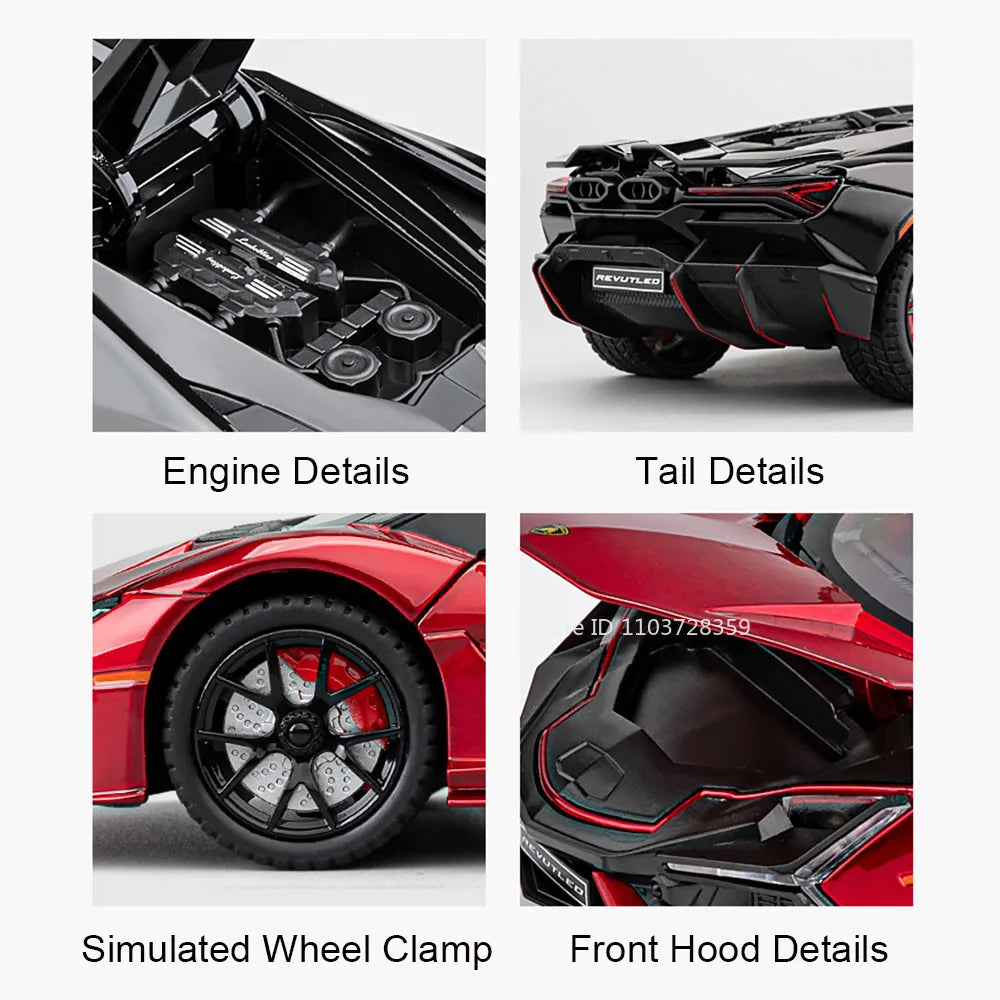 1:24 Scale REVUELTO Miniature Model Toy Sports Cars Alloy Diecast Supercars Sound Light Doors Opened Pull Back for Kids Gifts
