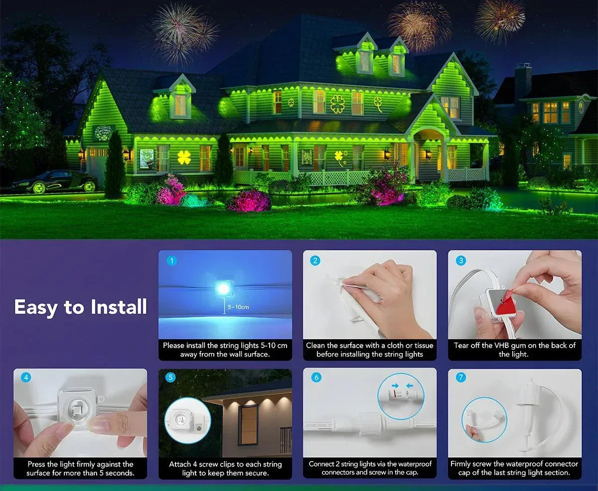 300FT 180LED Permanent Eaves LED Lights Outdoor Waterproof RGB String Lights DIY Scene Christmas Birthday Holiday Party Lighting