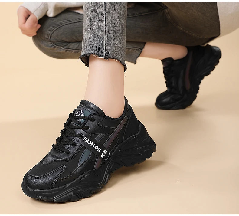 Casual Leather Sneakers for Women Autumn Winter Comfortable Walking Shoes Fashion Patchwork Thick Bottom Sports Shoes Female