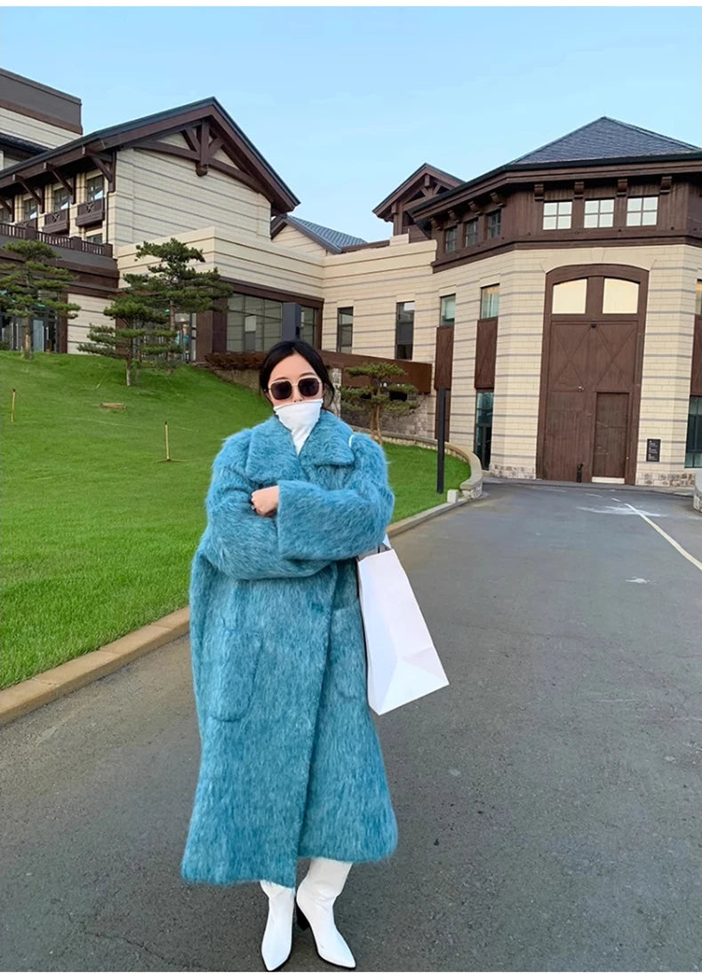 Lautaro Winter Long Blue Fluffy Oversized Warm Wool & blends Coat for Women Single Button Pockets Luxury Clothes Woolen Overcoat