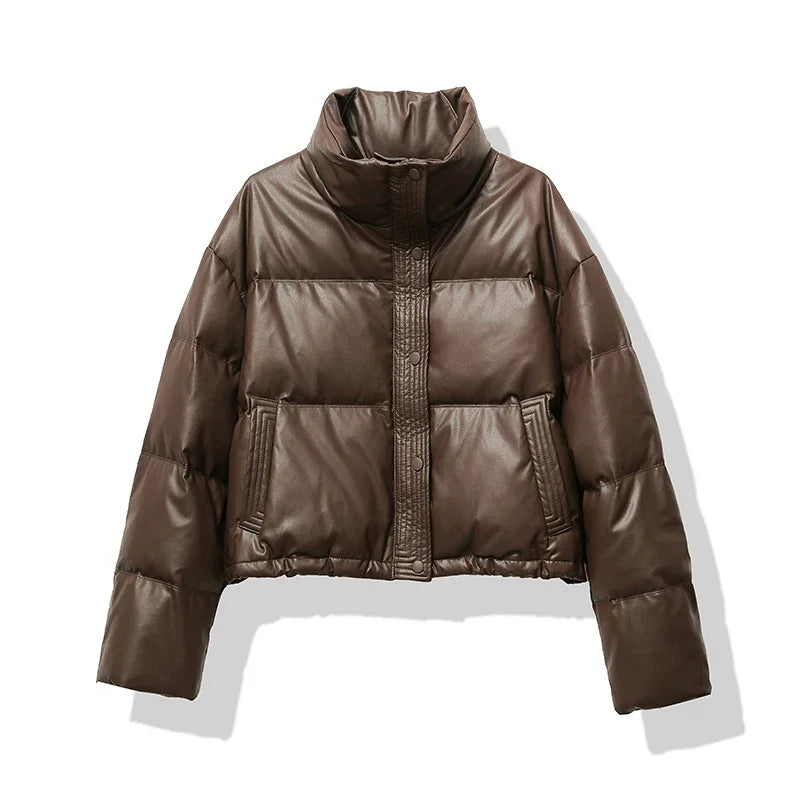 HELIAR Women Thickened Mock Neck Cotton-padded Jacket Single Breasted Pocket Casual Down Coat Winter Warm Loose Short Coat Fall