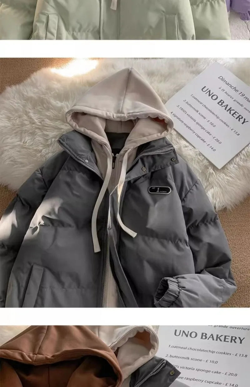 Winter New Fashion Splicing Hooded Fake Two-piece Design Sense Bread Clothes Women Y2K New Korean Version Thick Warm Coats